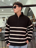 Threebooy New Winter Half-Zip Sweaters Men Korean Fashion Long Sleeve Striped Loose Pullovers Heavyweight Thick Warm Knit Tops Sweter