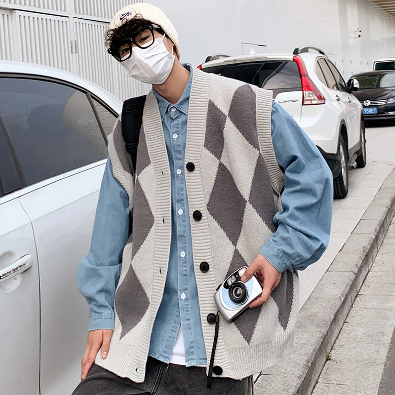 Threebooy Windproof Open Front Button V Neck Vest Waistcoat Men Warm Soft Coat Autumn Winter Top Sleeveless New Basic Casual Knit Cardigan