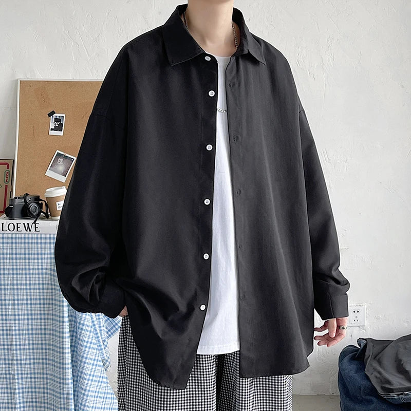 Threebooy Spring Simple Black Long Sleeve Shirts Men Korean Mens Harajuku White Oversized Shirt Male Button Up Shirts Blouses 5XL-M