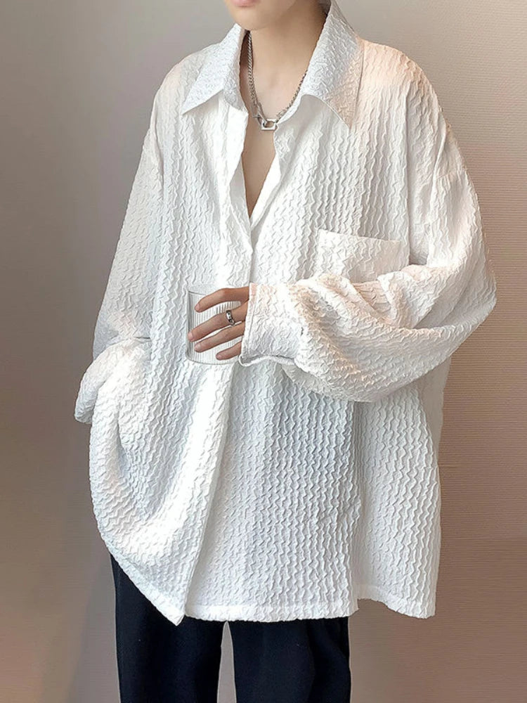Threebooy Long-sleeved Shirt Men's Summer Trend White Button Up Blouse Men Hong Kong Style Handsome Jacket Wave Texture Niche Top