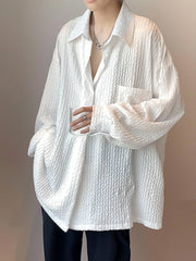 Threebooy Long-sleeved Shirt Men's Summer Trend White Button Up Blouse Men Hong Kong Style Handsome Jacket Wave Texture Niche Top