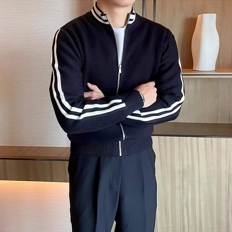 Threebooy  New Korean Fashion Men Cardigan Coat Light Luxury Trendy Knit Zipper Long Sleeve Sweater Jackets High Quality Patchwork Knitwear