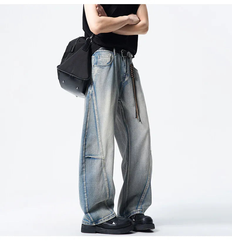 Threebooy Mens Loose Fit Patchwork Wide Leg Washed Jeans Vintage Denim Pants Casual Streetwear Comfort Trendy Baggy Trousers Hip Hop