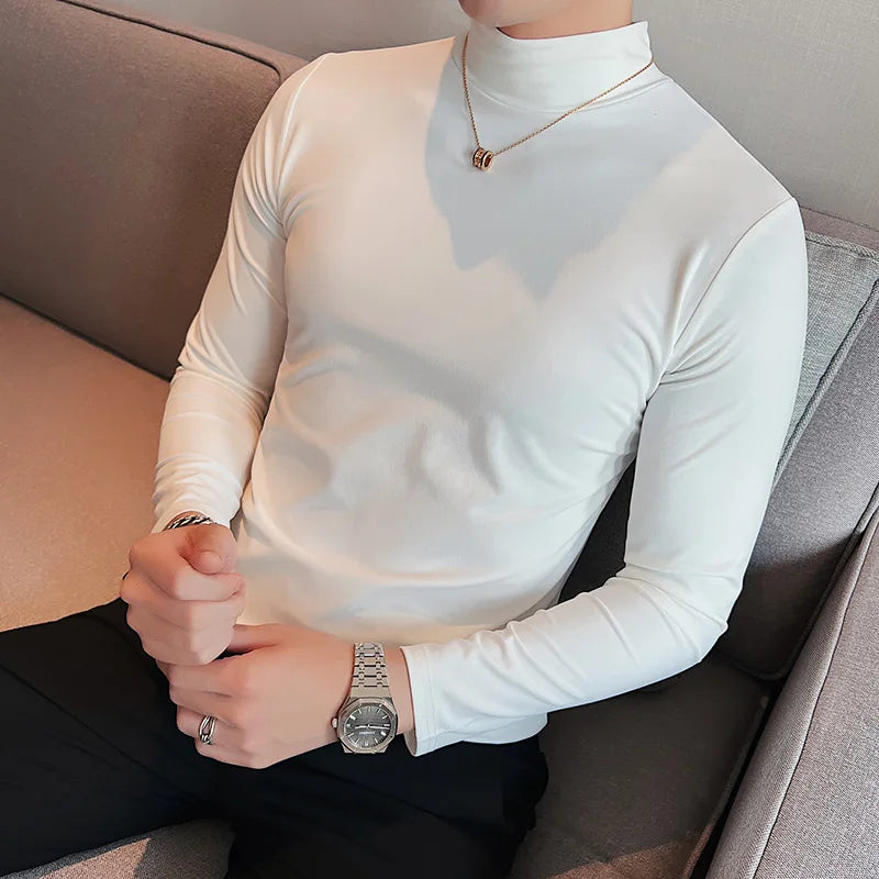 Threebooy  Men spring High Quality Casual Long Sleeve T-shirts/Male Slim Fit Fashion High Collar Long 
 Sleeve Casual T-shirt Black White S-4XL