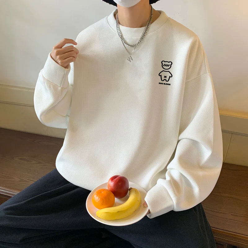 Threebooy Autumn Fashion Sweatshirt for Men Cartoon Pattern Pullover Solid Color Simple Style Men's Top Harajuku Casual Hip Hop Pullover