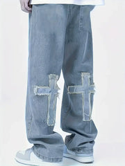 Threebooy  Men's Loose Fit Washed Denim Cargo Pants with Large Pockets, Street Style Casual Jeans Suitable for Casual Wear