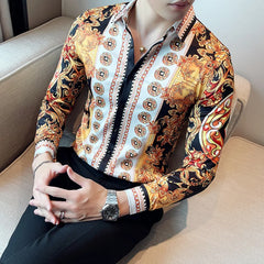 Threebooy Luxury Paisley Gold Printed Shirt Men's Royal Club Clothing Korean Men's Long Sleeve Slim Long Sleeve Shirt Tuxedo Shirt