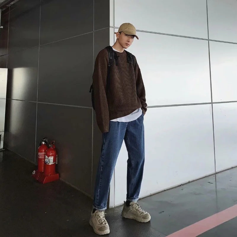 Threebooy Sweater Men Oversize Knit Pull Homme O-neck Male Knitted Sweater Pullover Jumper Harajuku Casual Streetwear Korean Men Sweaters