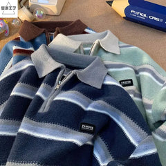 Korean hip-hop autumn and winter half zip polo collar striped sweater for men and women loose and trendy retro Harajuku casual