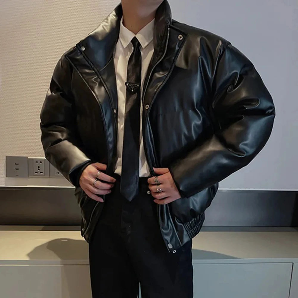 Threebooy  Korean Fashion High-Grade Pu Leather Mens Cotton-Padded Jacket Winter Stand-Up Collar Thick Warm Motorcycle Cotton Jacket Men