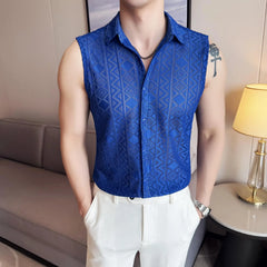 Threebooy  Summer New Men's Hollowed Out Sleeveless Vest Shirt Fashionable Social Nightclub Shirt High-quality Slim Fit Shirt