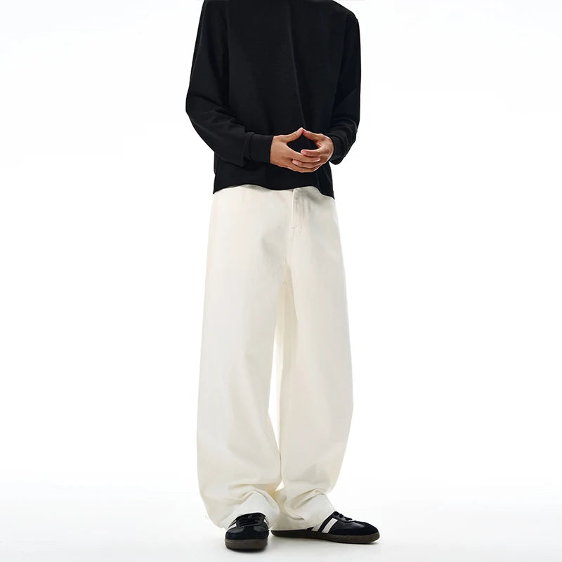 Threebooy 100% Pure Cotton Wide-leg Pants Men's Autumn New Oversized Comfortable Loose Casual Trousers Brown White Fashion Streetwear