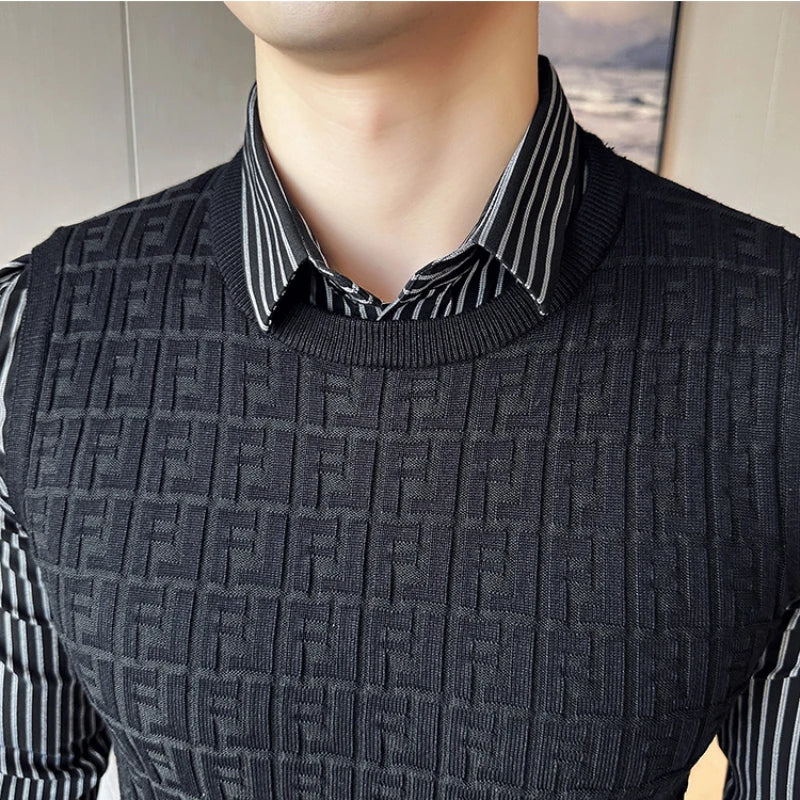 Threebooy  Clothing Men Autumn Winter High Quality Knit Sweaters/Man Fashion Plaid Fake 2 Pieces Shirt Collar Pullover Sweater Vest