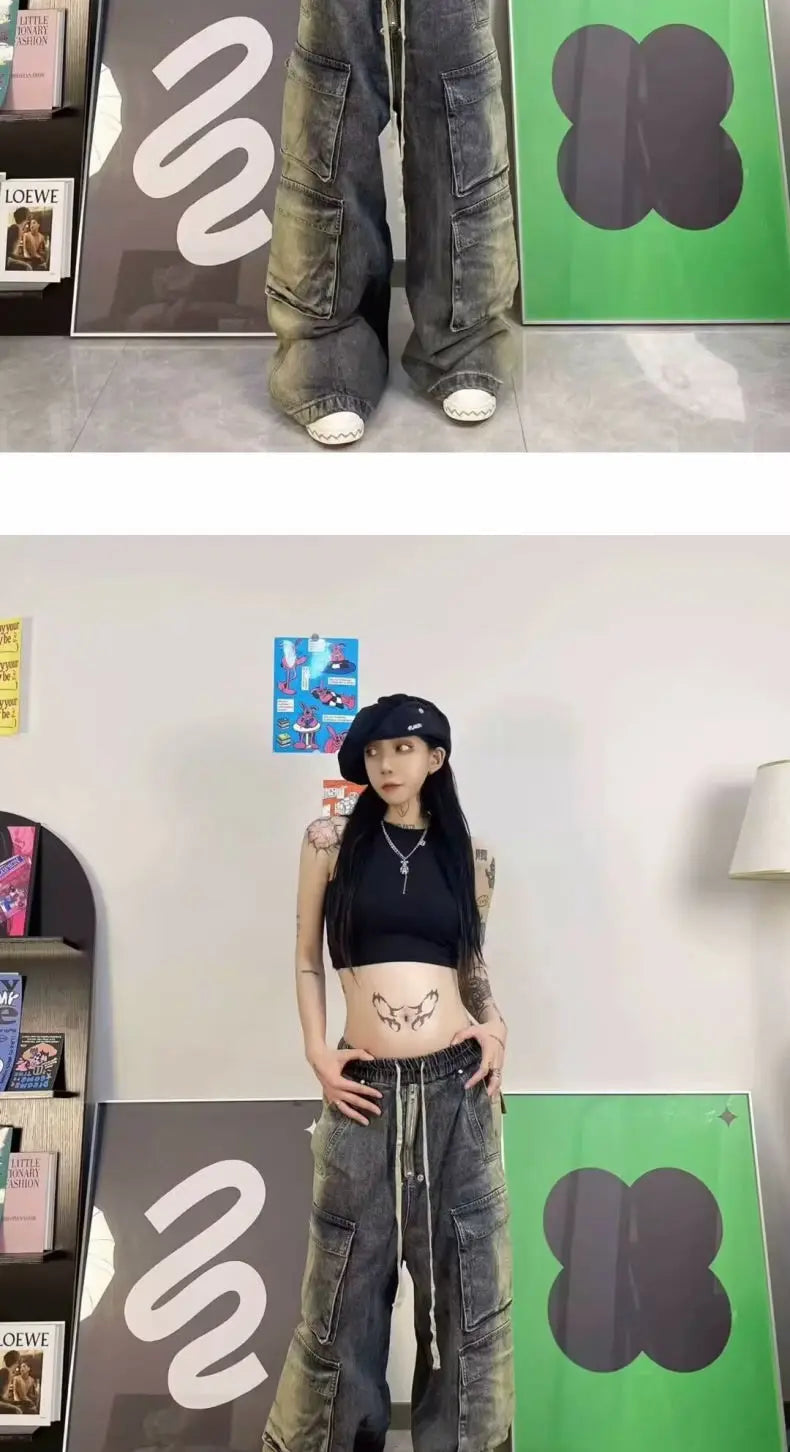 Threebooy Street men and women trendy and personalized hip-hop straight leg washed gradient jeans for couples loose casual Harajuku pants