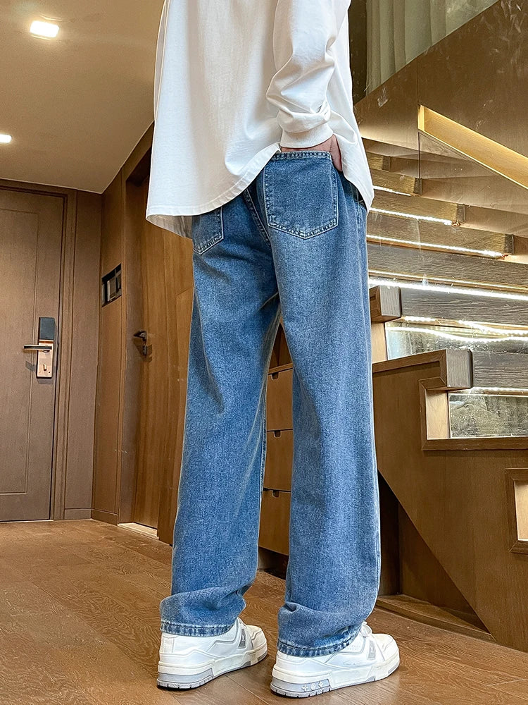 Threebooy  Men's Spring Summer Semi-Wide Leg Jeans Korean Fashion Washed Cotton Casual Denim Pants Black Blue Straight Trousers
