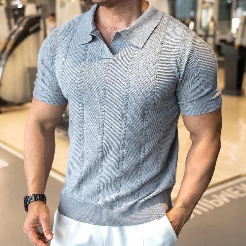 Threebooy New Men Fashion Knitted Polo Shirt Sport Style Tops Casual Slim-fit Patchwork Solid Color Short Sleeve Breathable Fitness Tees