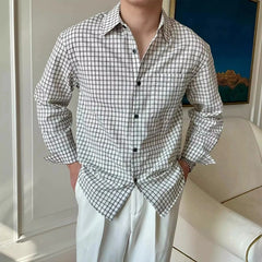 Threebooy  New American Retro Men Shirts Light Luxury Textured Lapel Plaid Long Sleeve Cardigan Leisure Trendy Premium Check Blouse M-2XL