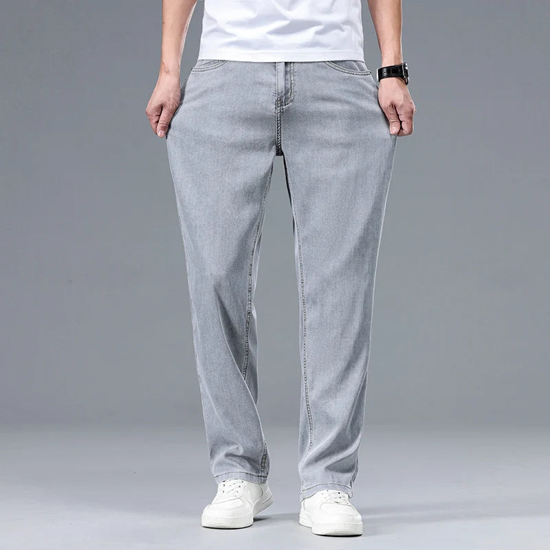 Threebooy  Summer New Men's Thin Baggy Jeans Office Business Casual Straight Denim Trousers High Waisted Versatile Casual Pants