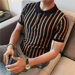 Threebooy New Fashion Men's Short-Sleeved Polo Shirt Thin Summer Clothing Fashion Striped Slim Lapel Knitted T-shirt