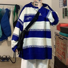 Threebooy Patchwork Striped Men's Knitted Sweater Blue Pullovers Punk Black Sweaters Male Oversize Korean Streetwear Hip Hop