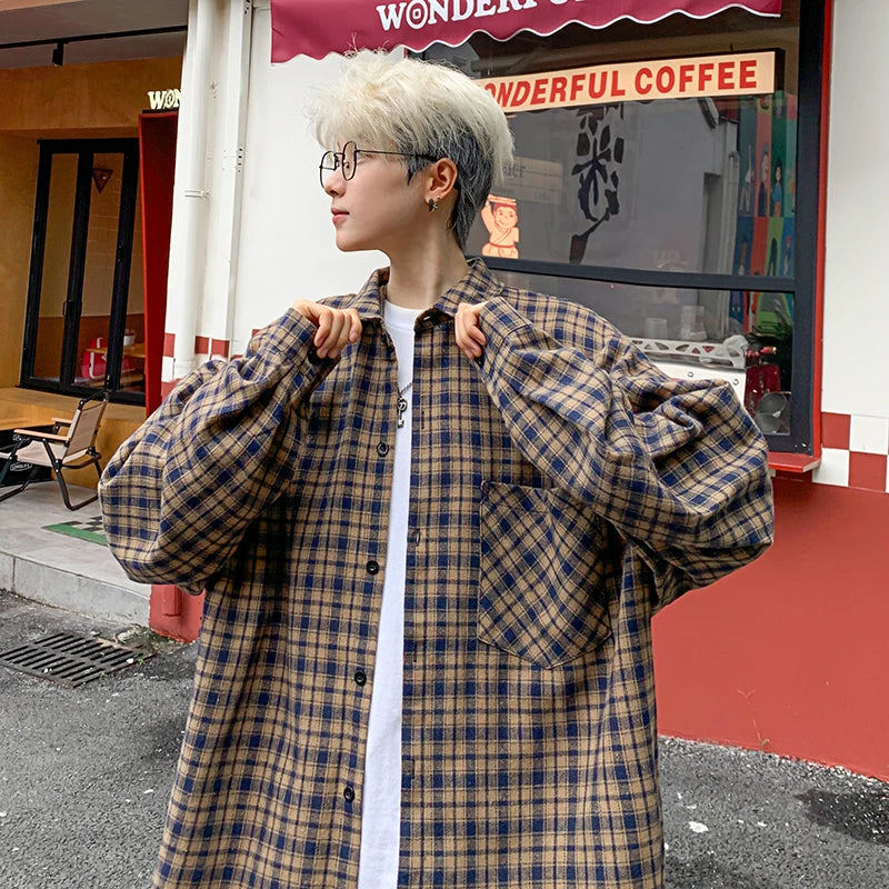 Threebooy Harajuku Long Sleeve Plaid Shirts Men Autumn Loose High Street All-match Shirt Gentleman Camisa Check Tops Stylish 5XL-M