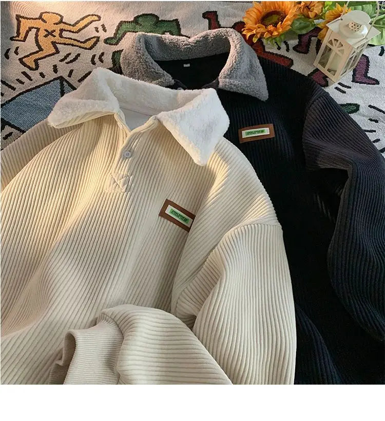 Threebooy Men's Corduroy Polo Shirt Sweater Women's Autumn Winter Fleece Thick Coat Turndown Collar Buttons Long Sleeves Warm Tops