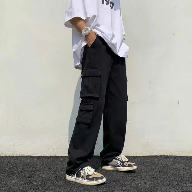 Threebooy  Male Trousers White Aesthetic Men's Cargo Pants Wide Multi Pocket Summer Multipockets Straight Clothing Long Fashion Regular Fit
