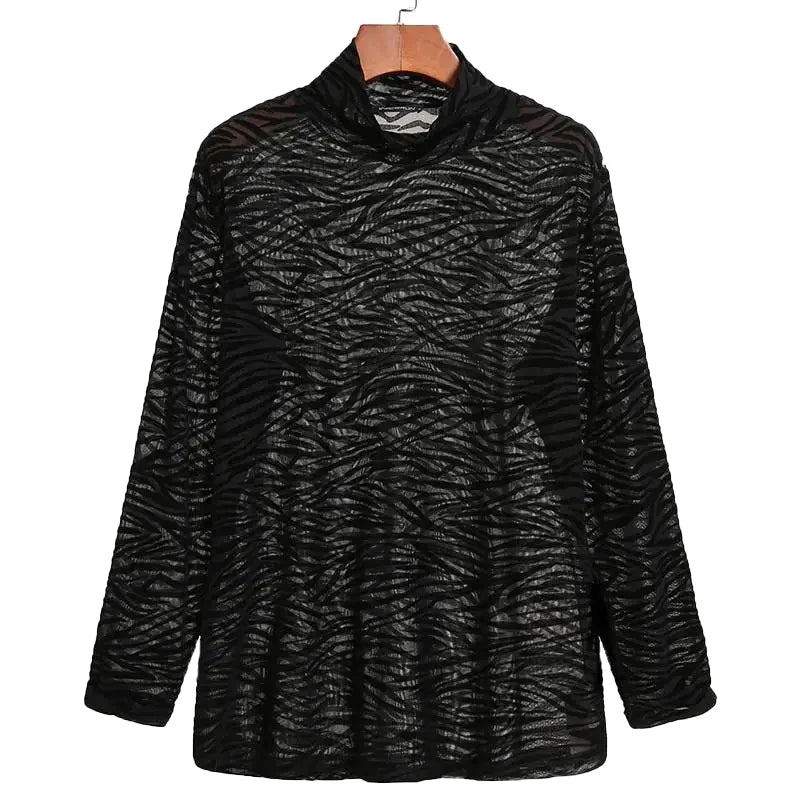 Threebooy  Men's Casual Slim Zebra Striped See-through Long Sleeve T-shirt Streetwear High Neck Leisure Bottoming Tees Party Clothing S-2XL