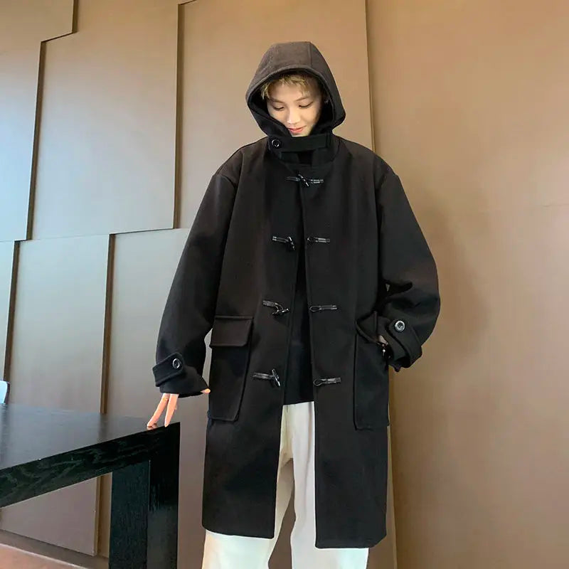 Threebooy Korean Streetwear Hooded Woolen Trench Coat Men Autumn Winter Preppy Mid-length Windbreaker High-end Horn Button Woolen Coat