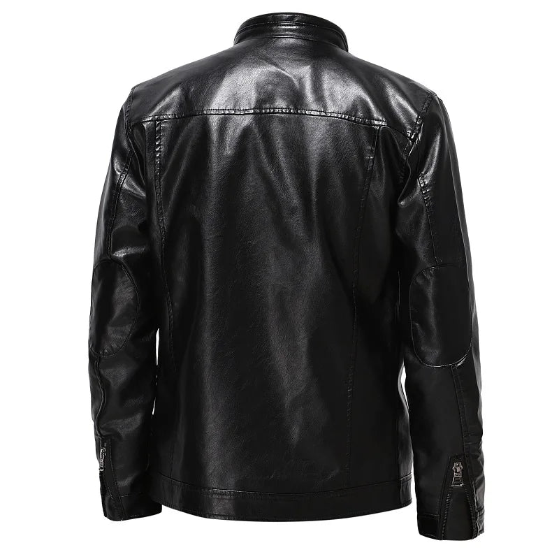 Threebooy New PU leather jacket men's stand collar casual plus velvet warm winter men's short slim motorcycle pilot leather jacket