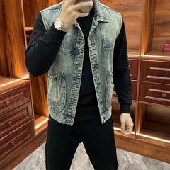 Threebooy  Vintage American Denim Vest for Men Loose Fit Collared Jacket with Zippered Pockets Layering Essential for Spring Autumn