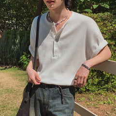 Threebooy  New Fashion Korean Style Men T-shirt Light Luxury Henry Collar Tops Casual Loose High Quality Solid Color Half Sleeve Tees M-2XL