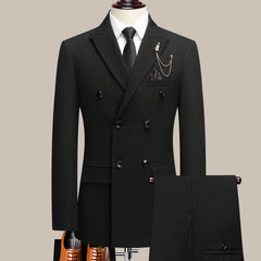 Threebooy  The latest men's solid color suit two-piece set with lapel collar and double breasted buttons for four seasons, men's business s