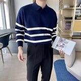 Threebooy Long Sleeve T-shirts Men Striped Korean Fashion All-match Knitted Simple Business Outwear All-match Streetwear Designed Clothing