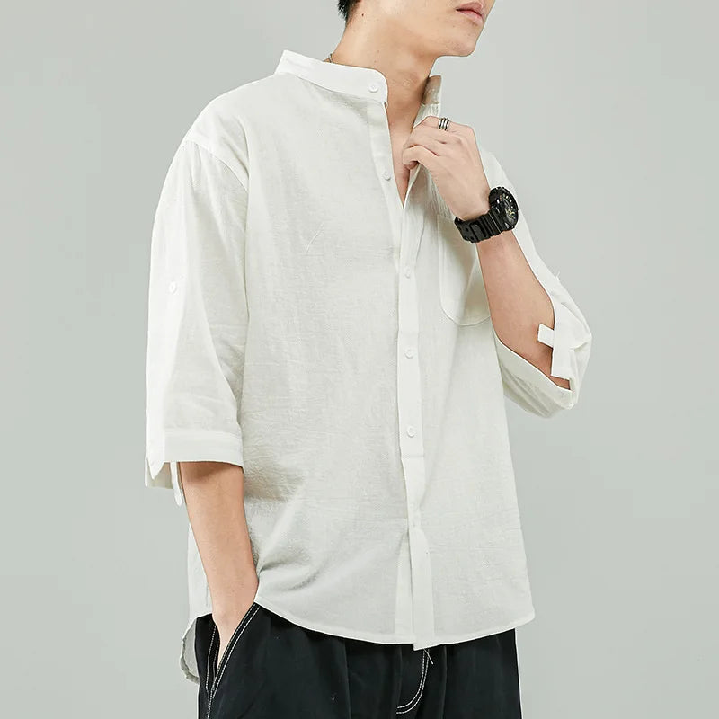 Threebooy  Line Shirt Men's Short-sleeved White Shirt Loose Chinese Style Summer Cotton Linen Casual Jacket Men's Quarter-sleeved Top