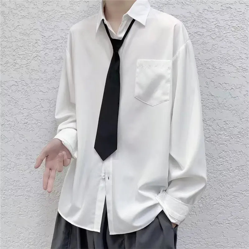 Threebooy White Solid Shirts With Tie Men's Oversize Long Sleeve Casual Cardigan Fashion Spring Autumn Blouses Unisex Daily All-match Tops