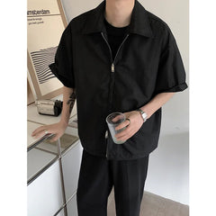 Threebooy Summer Short Sleeved Shirt Men Fashion Oversized Zip Shirt Men Korean Loose Black White Dres Shirts Mens Ice Silk Shirt M-2XL