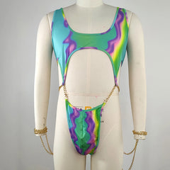 Threebooy Men Nightclub Jumpsuit Colorful Printed Chain T Shaped Jumpsuit Sexy Lingerie Fetish Nightwear Bodysuit Siamese Underwear