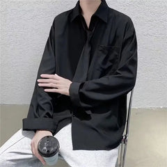 Threebooy White Solid Shirts With Tie Men's Oversize Long Sleeve Casual Cardigan Fashion Spring Autumn Blouses Unisex Daily All-match Tops