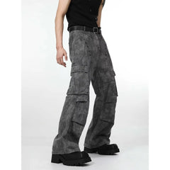 Threebooy American high street hip-hop men and women trendy personality straight leg multi pocket jeans couple loose retro casual pants