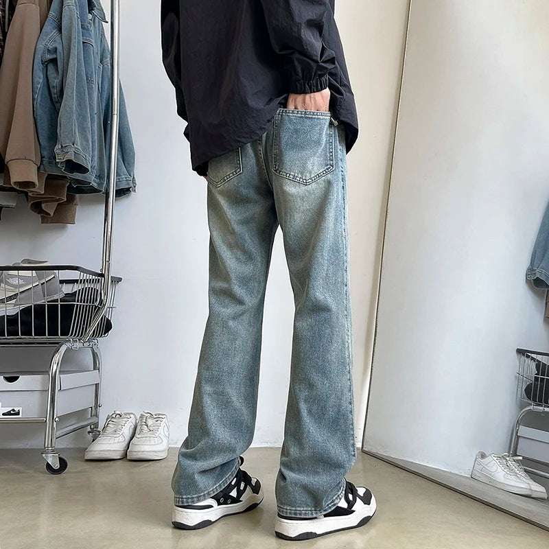 Threebooy  New Men's Patchwork Bootcut Jeans Elastic Waist Vintage Classic Blue Black Denim Trousers Fashion High Street Korean Male Pants