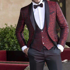 Threebooy  Luxury Floral Men Suits for Wedding Prom 3 Piece Groom Tuxedos Party Banquet Fashion Male Suit Jacket Vest with Black Pants