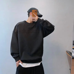 Threebooy  Hip Hop Sweatshirt Loose Shoulder-down Steel Stamp Raised Letter Zipper O-neck Shirt Men's High-end Hat-free Clothing