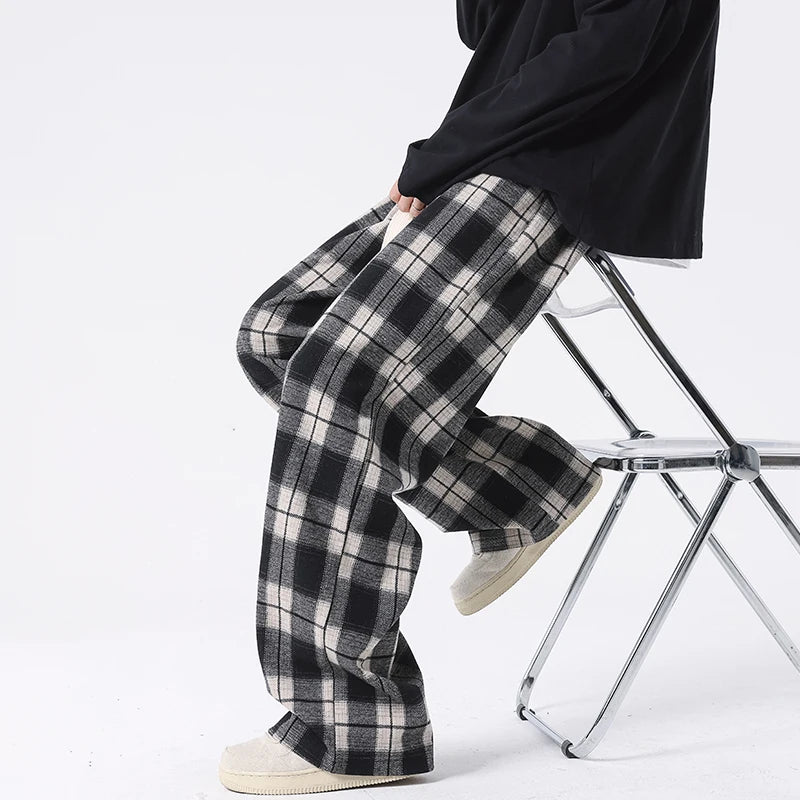 Threebooy Told Tale Plus Size Spring Casual Plaid Pants Men Wide Leg Couple Straight Pantalones Harajuku Mopping Oversize 8XL 7XL