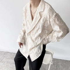 Threebooy Nude Shirt Neutral Flower Embroidery Loose Long Sleeve Lapel Shirt Men's and Women's Button Up Shirt Temperament Jacquard Top