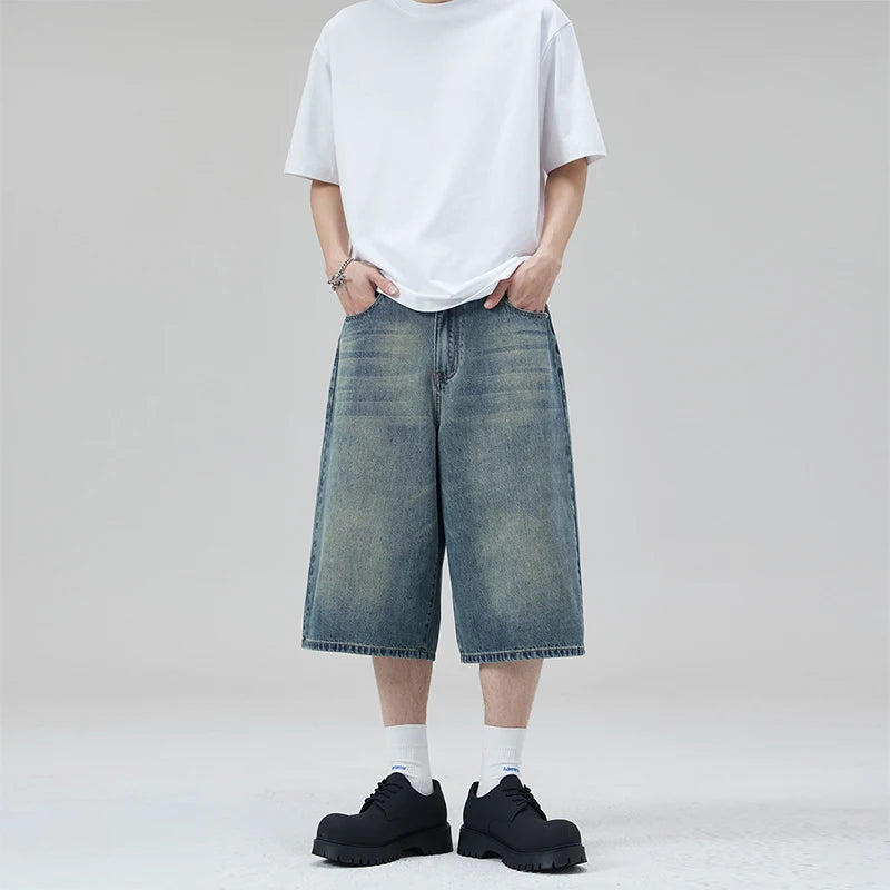 Threebooy  Oversized Baggy Men's Denim Shorts Summer Fashion Retro Casual Loose Wide-leg Calf-length Jeans Harajuku Y2K Streetwear