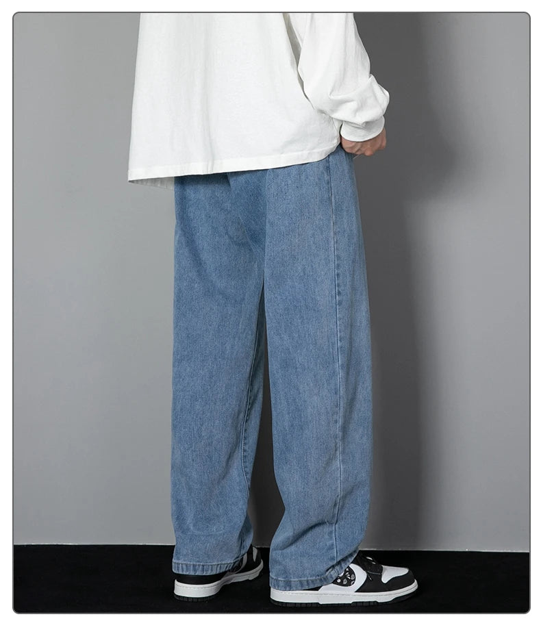 Threebooy 2025 New Korean Men's Casual Long Jeans Classic Man Straight Denim Wide-leg Pants Solid Color Light Blue Grey Black