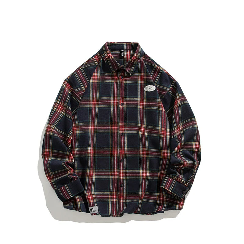 Threebooy Autumn Long Sleeved Shirt Men Oversized Fashion Retro Plaid Shirt Men Streetwear Korean Loose Casual Shirt Mens Vintage Shirts
