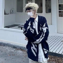 Threebooy American Oversized Sweater Cardigan Vintage Flocking Knit Sweater Men's Clothing Loose Winter Cardigans Y2k Hip-Hop Streetwear