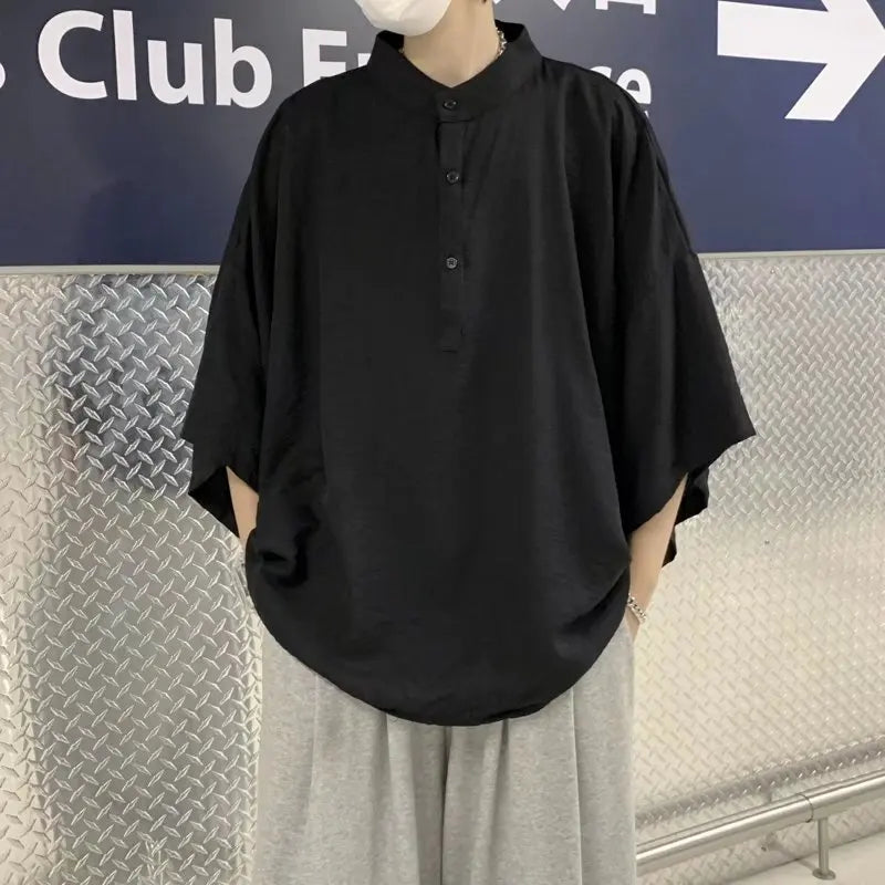Threebooy Summer Short Sleeved Shirt Men Oversized Fashion Black White Shirt Men Streetwear Korean Loose Pullover Shirt Mens Casual Shirts